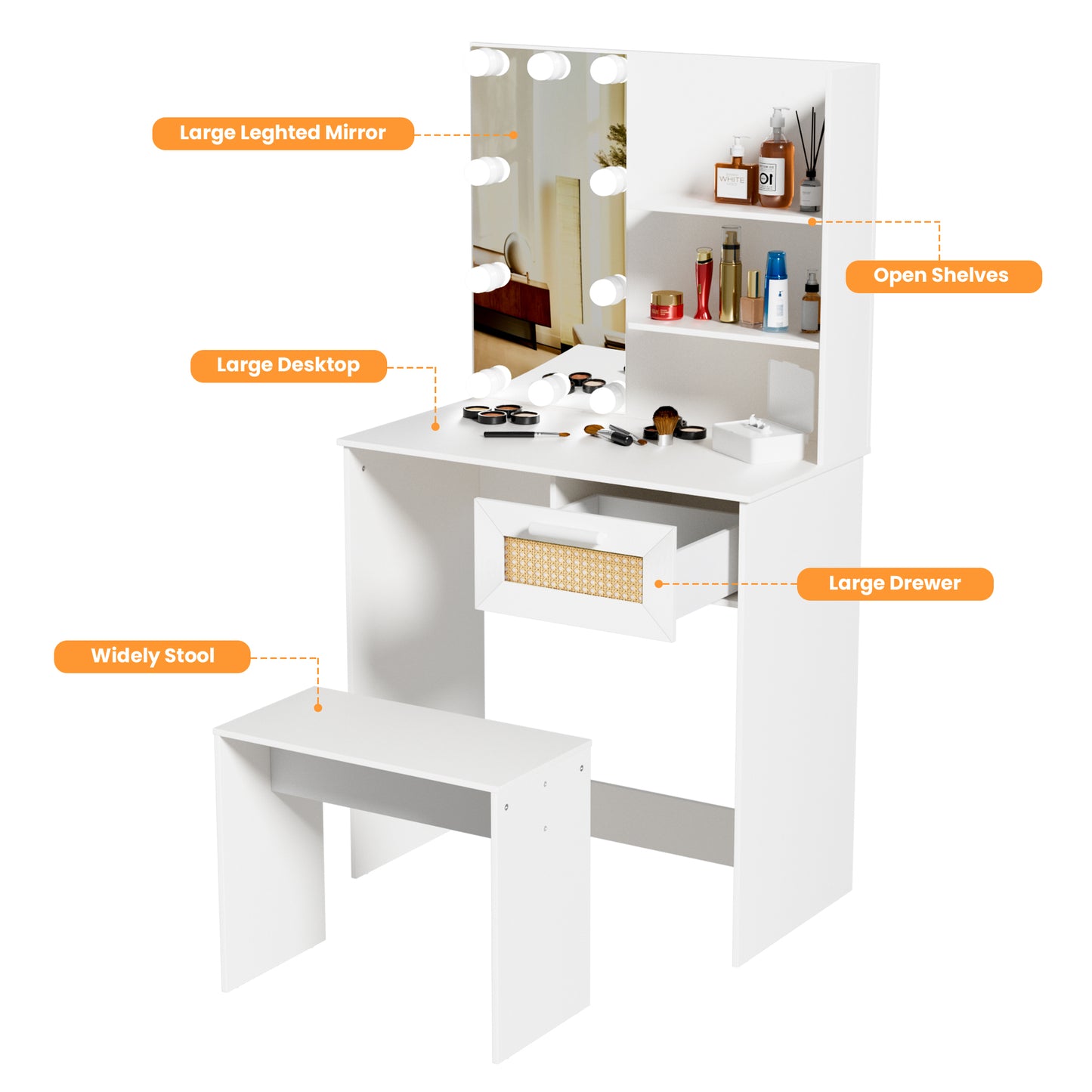 Brooks Vanity Desk Set With LED Lighting Mirror - White