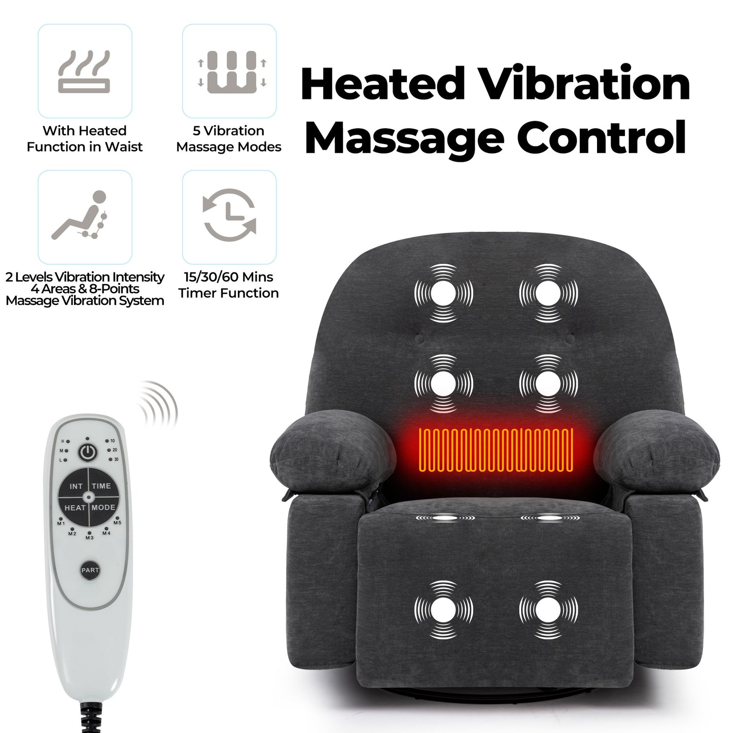 Meza Swivel Massage Rocker Recliner with Heat - Dark Gray