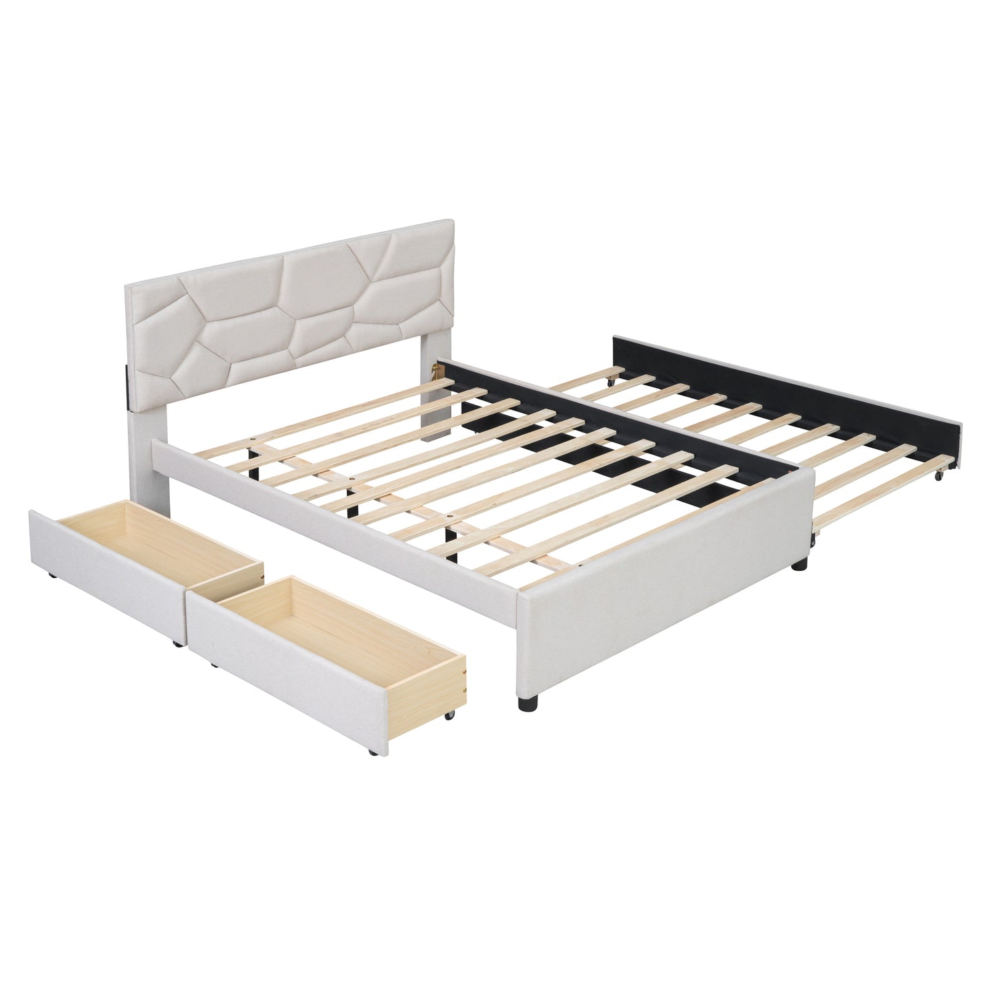 Brick Full Size Platform Bed with 2 drawers and Twin Size Trundle - Beige