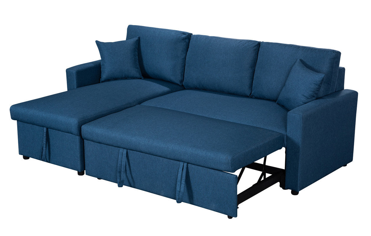 Paisley Linen Fabric Reversible Sleeper Sectional Sofa with Storage -  Blue