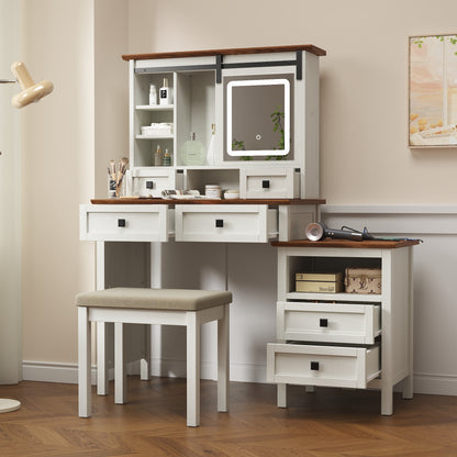 Alma Vanity Table Set with Side Cabinet and Cushioned Stool