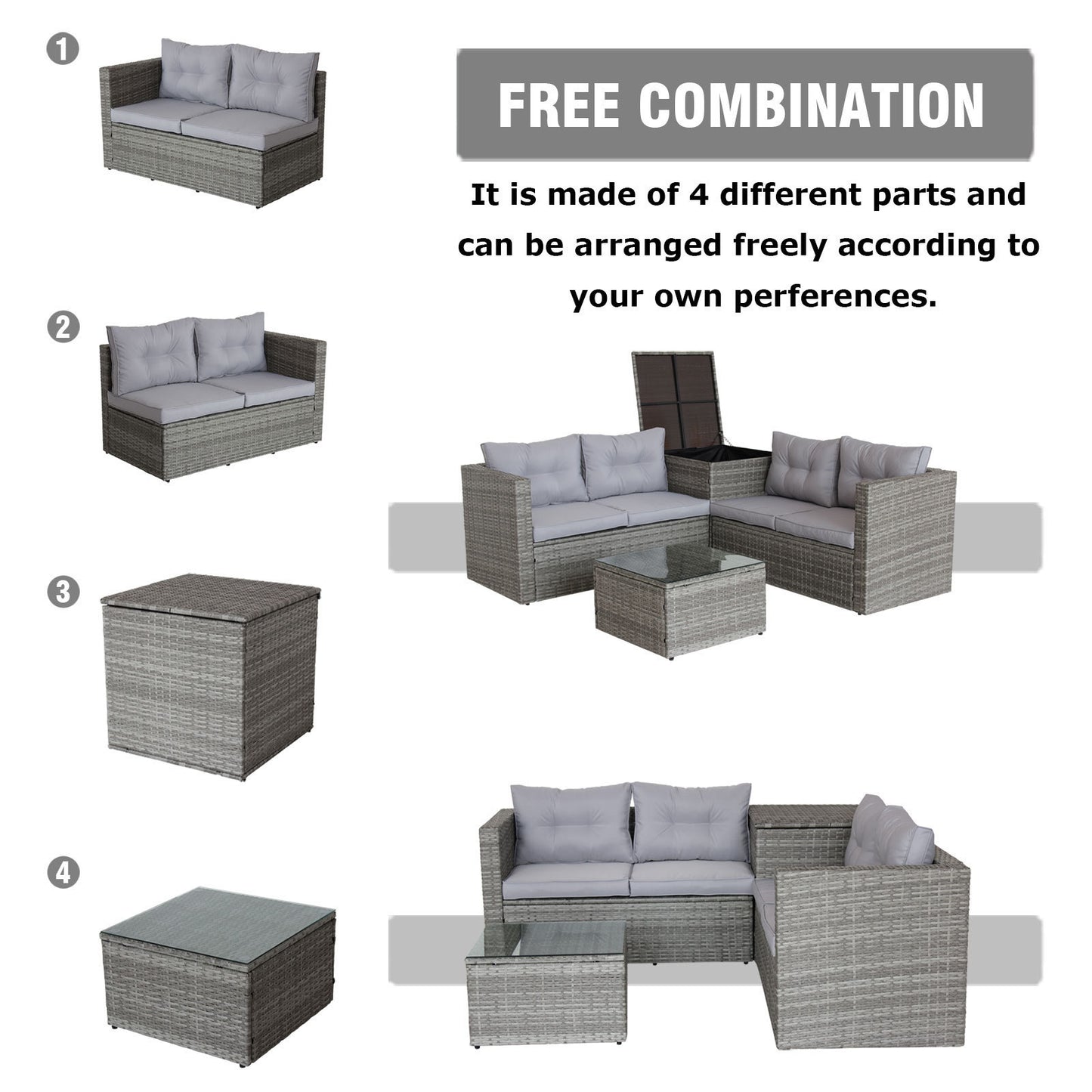 Ochoa 4 Pc Patio Sectional Wicker Rattan Sofa Set - Gray