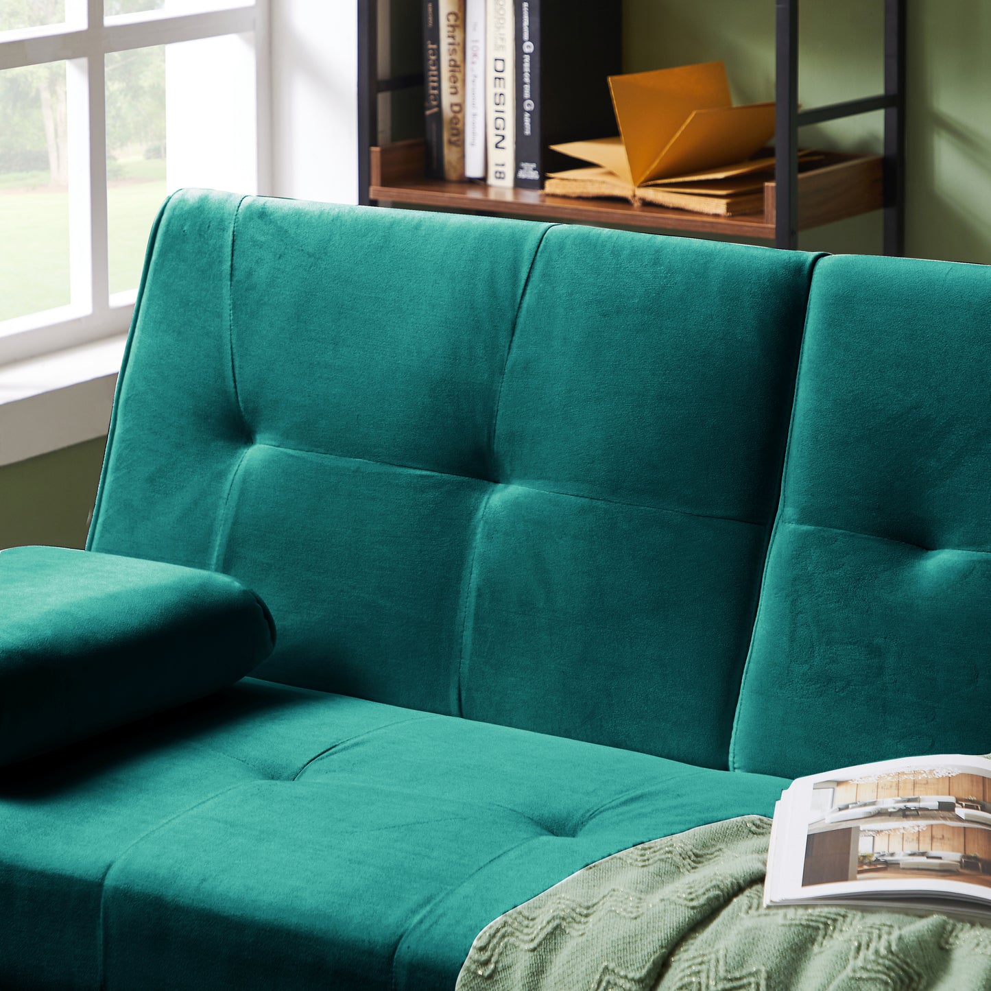 Devo Velvet Upholstered  Convertible Folding Futon Sofa Bed - Green