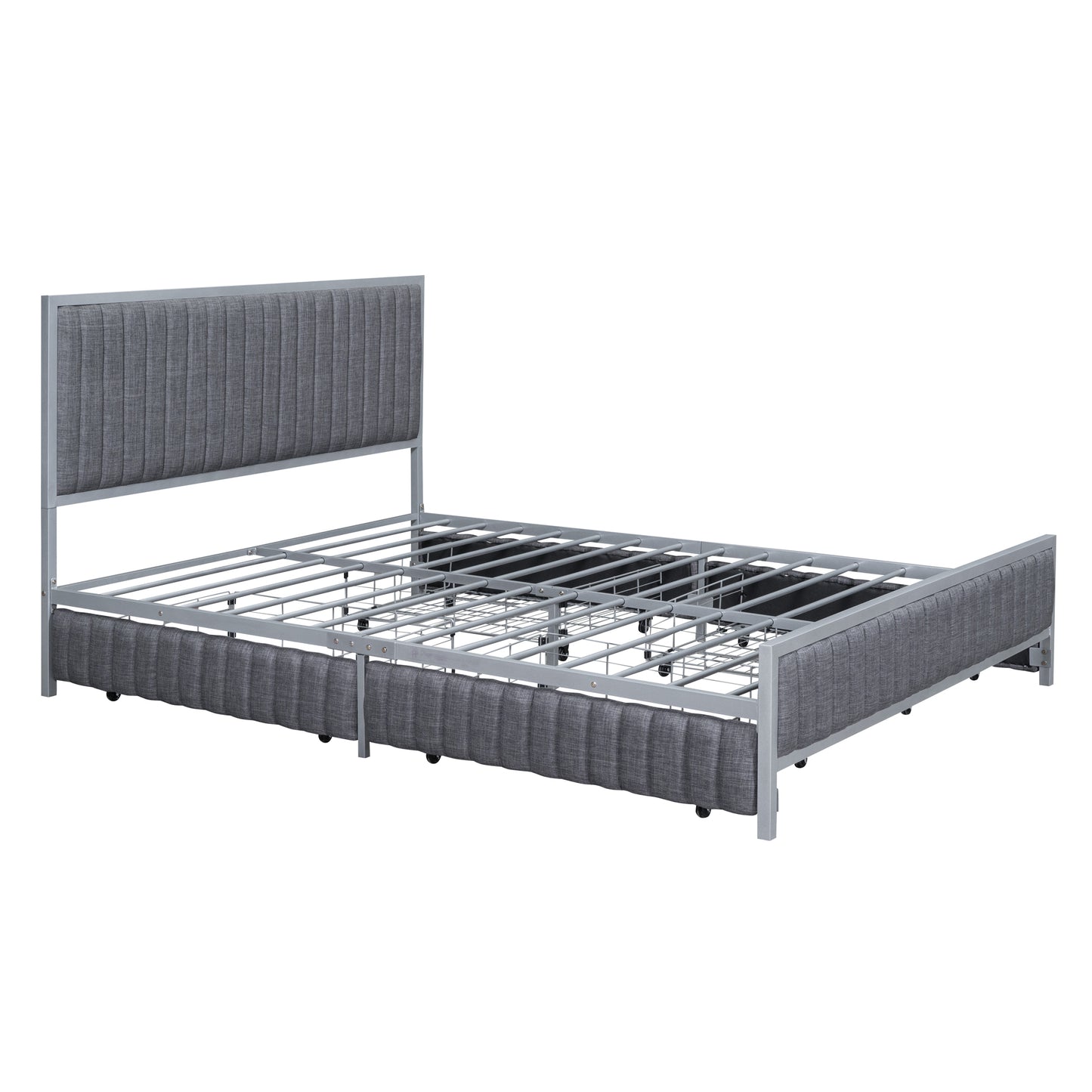 Maza Queen Size Metal Frame Upholstered Bed w Drawers - Gray