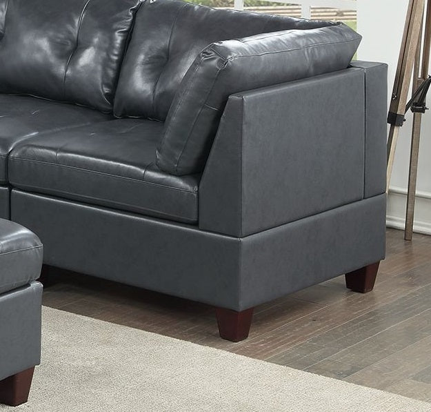 Sana Genuine Leather Sectional 6pc Set 3x Corner Wedge 2x Armless Chair 1x Ottoman - Black