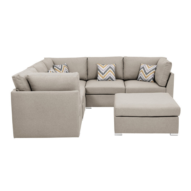 Amira Fabric Reversible Sectional Sofa with Ottoman and Pillows - Beige