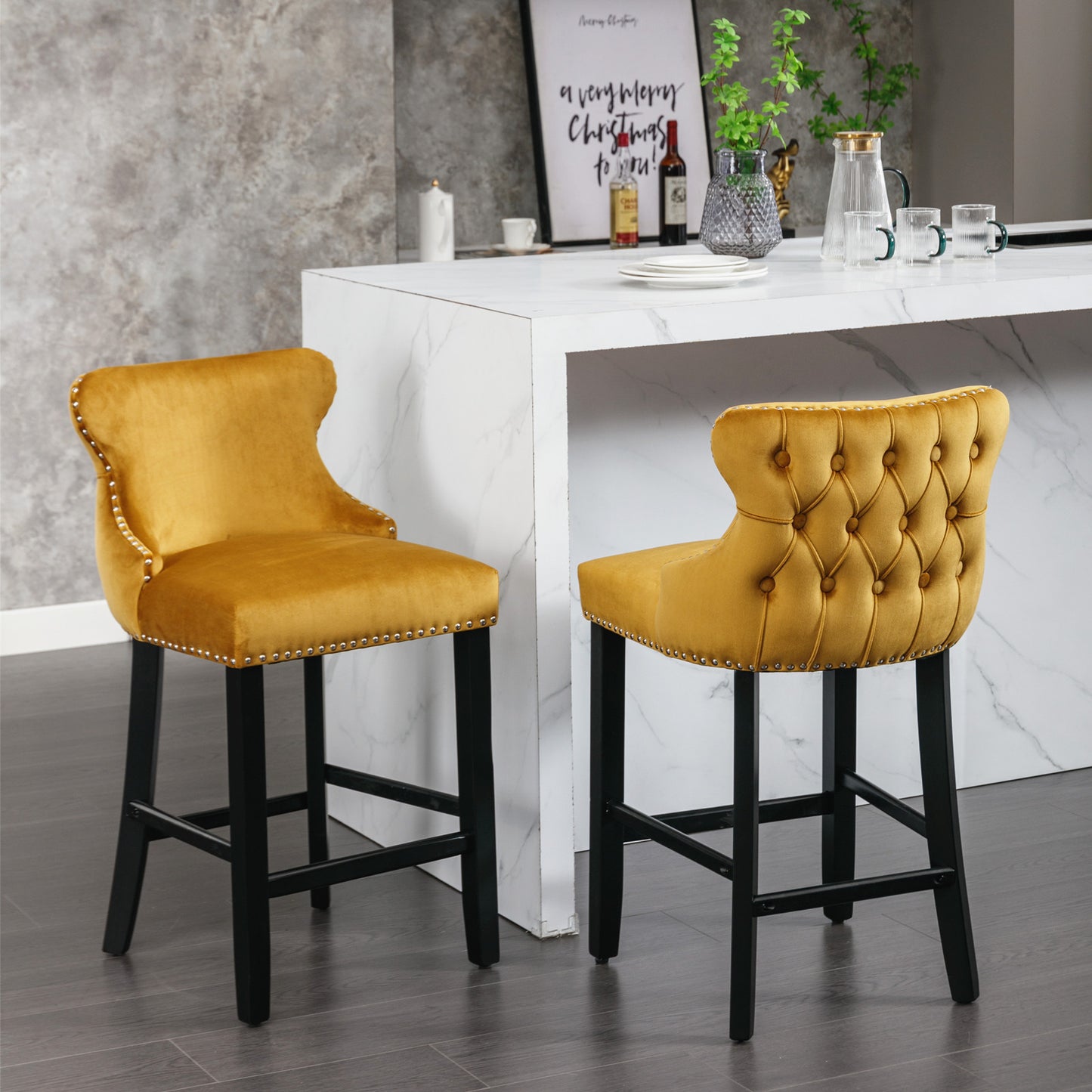 Family  Velvet Upholstered Wing-Back Bar Stools - Gold Set of 4