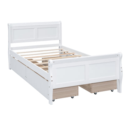 Meg Twin Size Wood Platform Bed with 4 Drawers - White