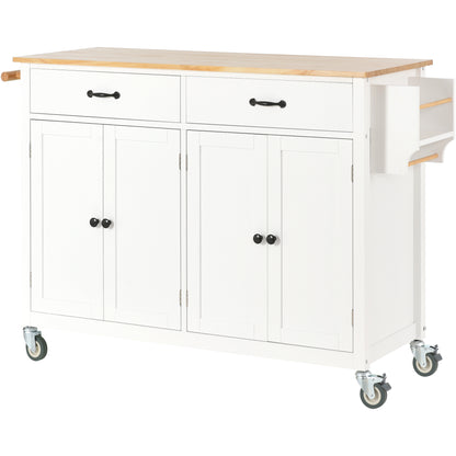 Granite Kitchen Island Cart with Solid Wood Top and Locking Wheels - White