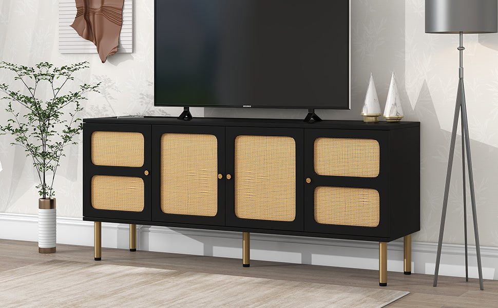 Boho style TV Stand with Rattan Door - Black