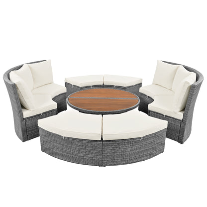 Marvelo 5 Pc Round Rattan Sectional Sofa Set - Beige