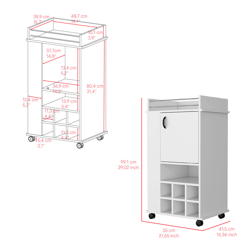 Six Wine Cubbies Bar Cart - White