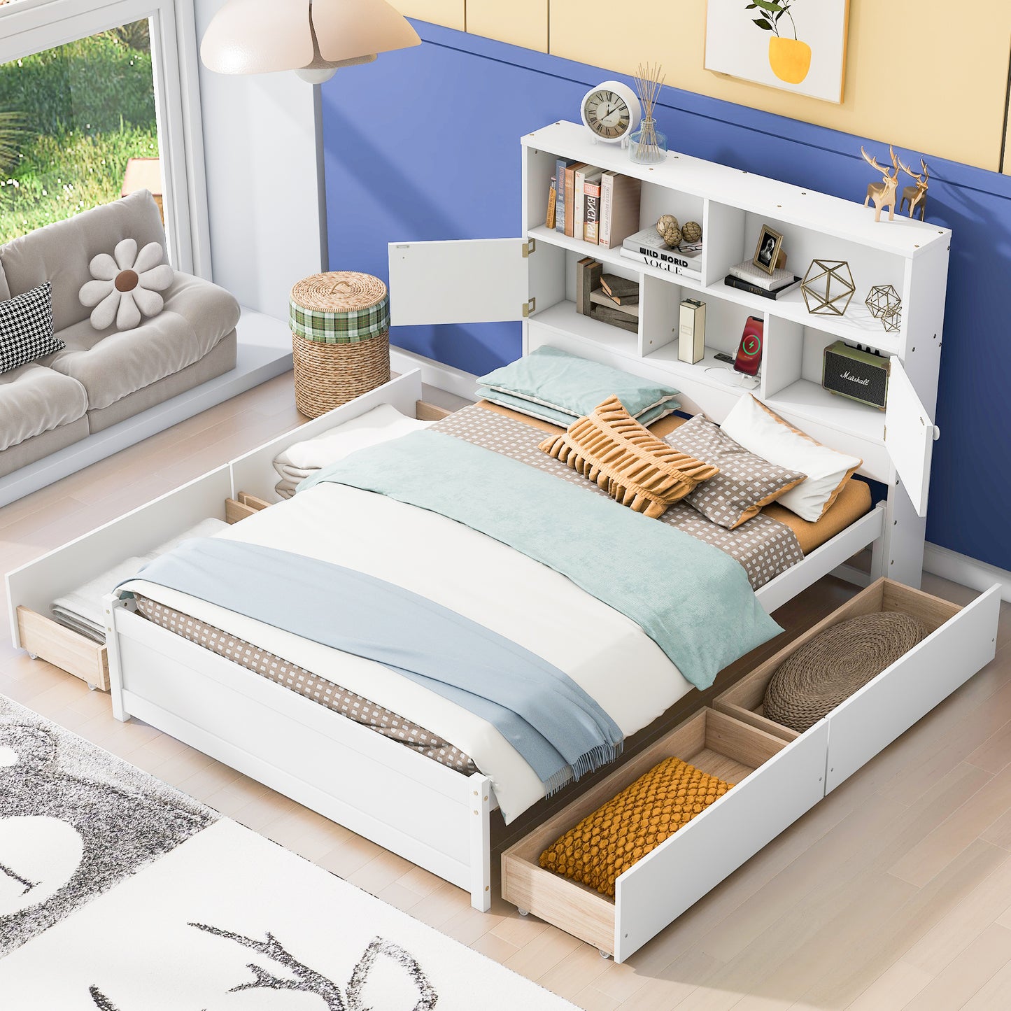 Jazz Full Size Platform Bed w 4 Drawers - White