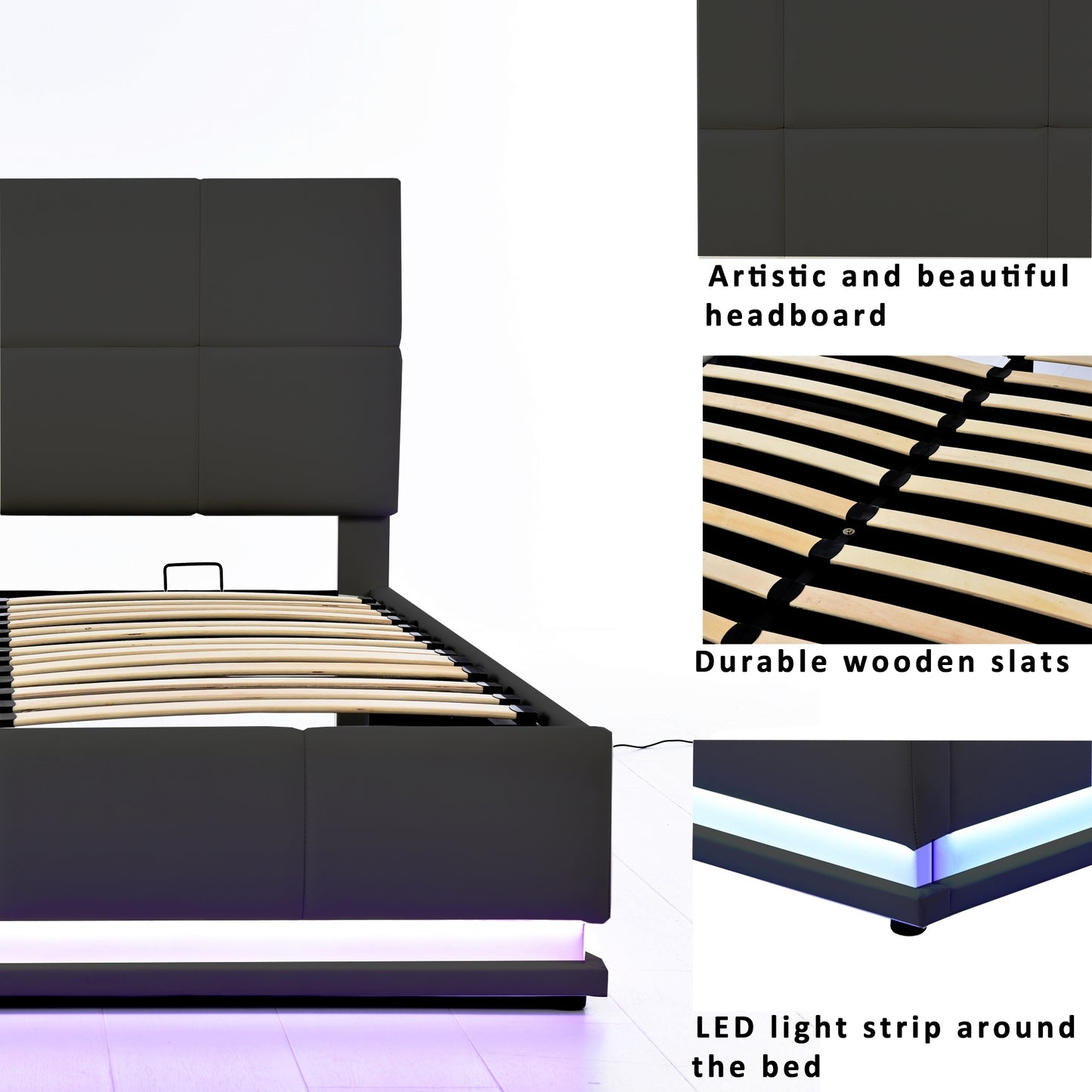 Lino Queen Size PU Storage Bed w Hydraulic Storage System - Black