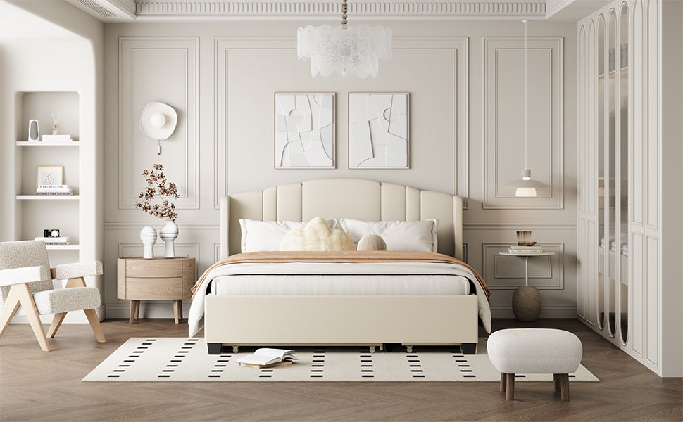 Mali Queen Size Platform Bed with Wingback Headboard - Beige