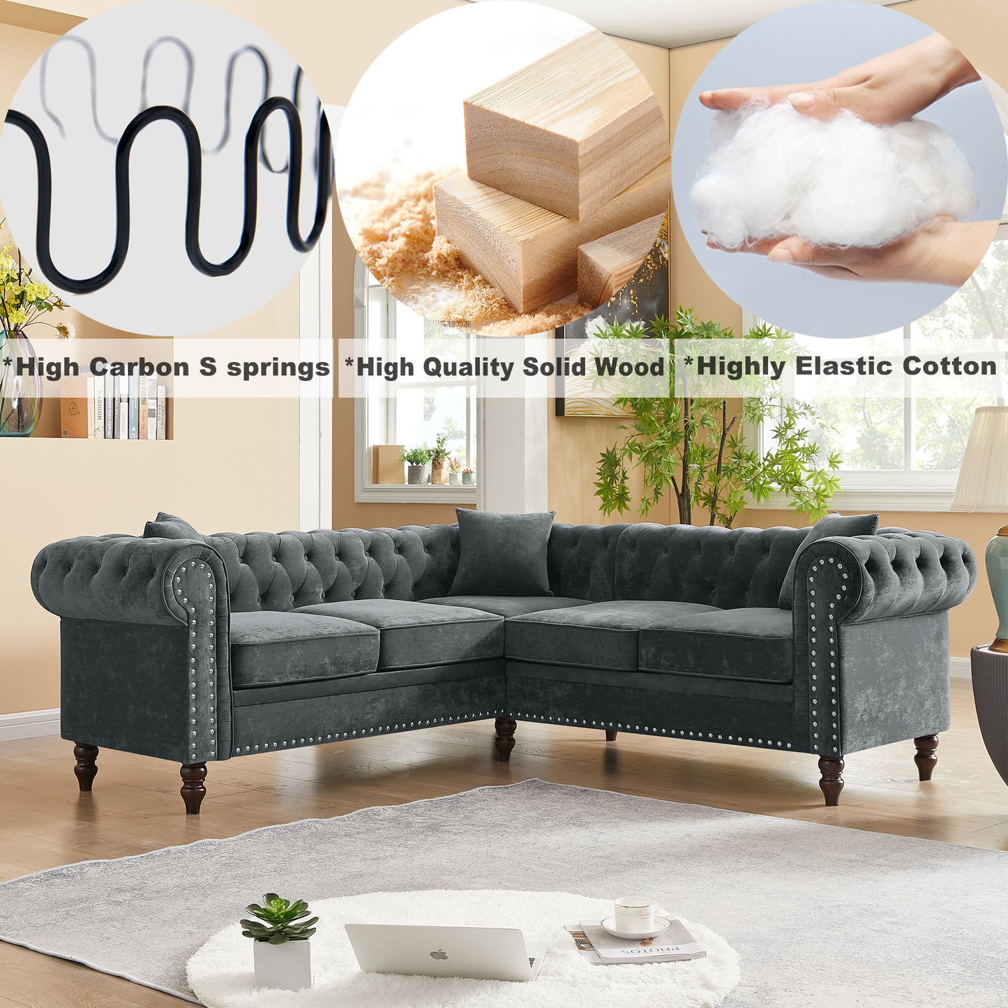 Nest Velvet Button Tufted L-shaped Sofa - Gray