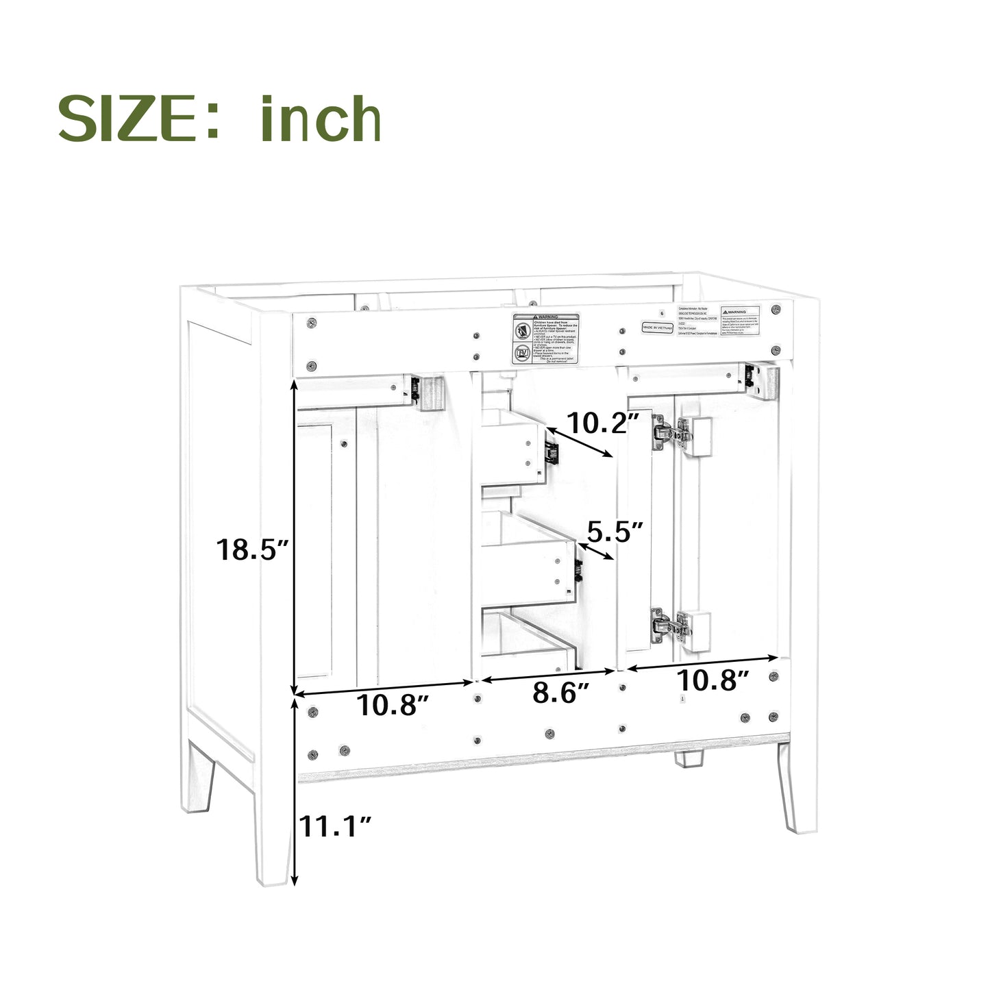 Bathroom Vanity with Ceramic Basin, Two Cabinets and Five Drawers - White