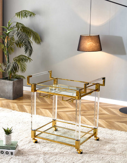 Bar Serving Cart Tempered Glass Metal Frame - Gold