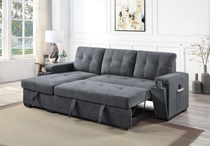 Toby Woven Fabric Reversible Sleeper Sectional Sofa with Storage Chaise Cup Holder USB Ports and Pockets - Gray