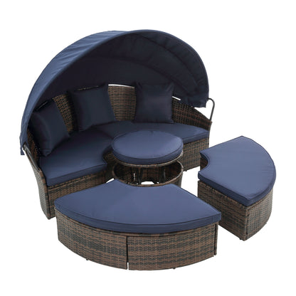 Cove Outdoor Rattan Round Lounge With Canopy - Navy Blue