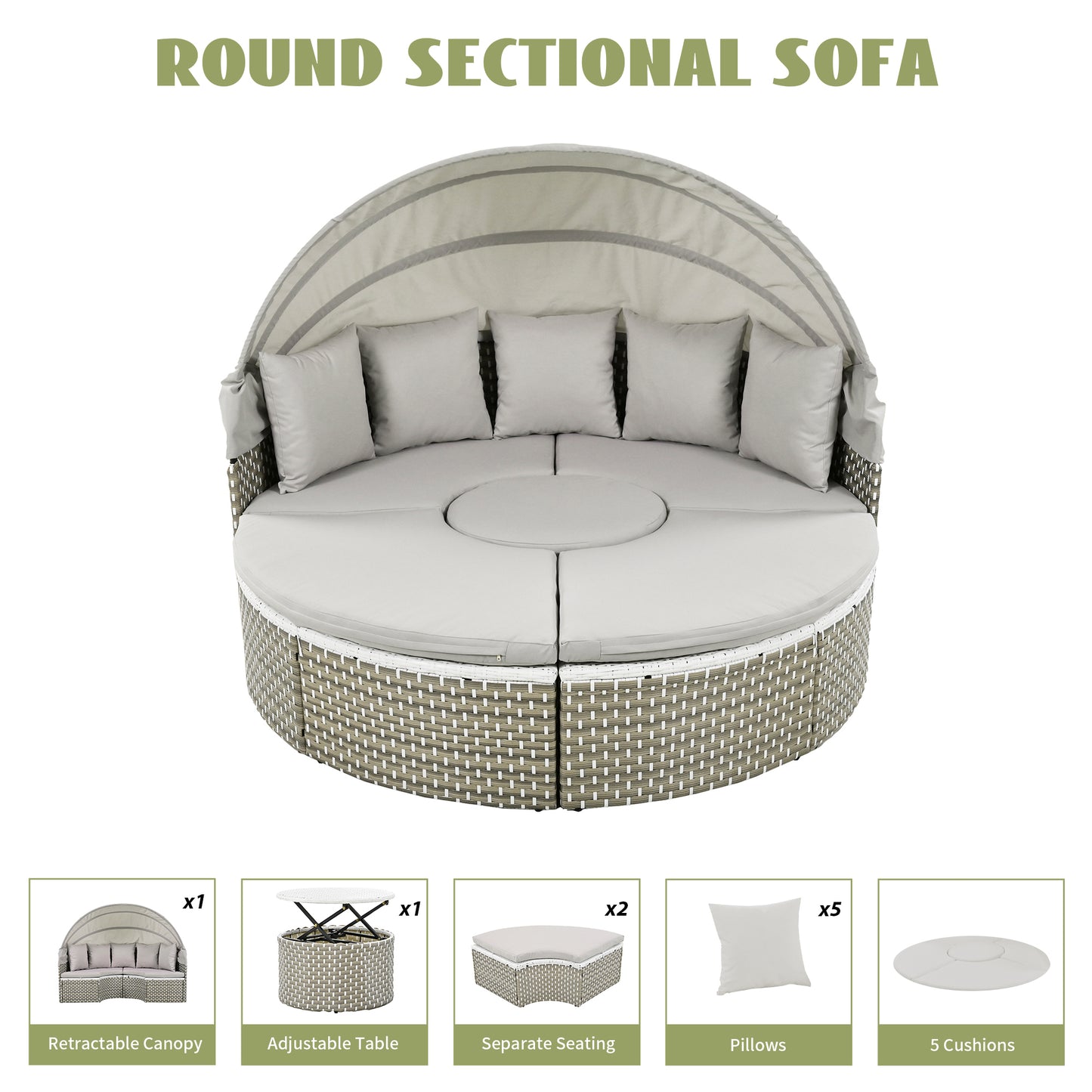 Malena 5 Pc Round Rattan Sectional Sofa Set with Retractable Canopy - Gray