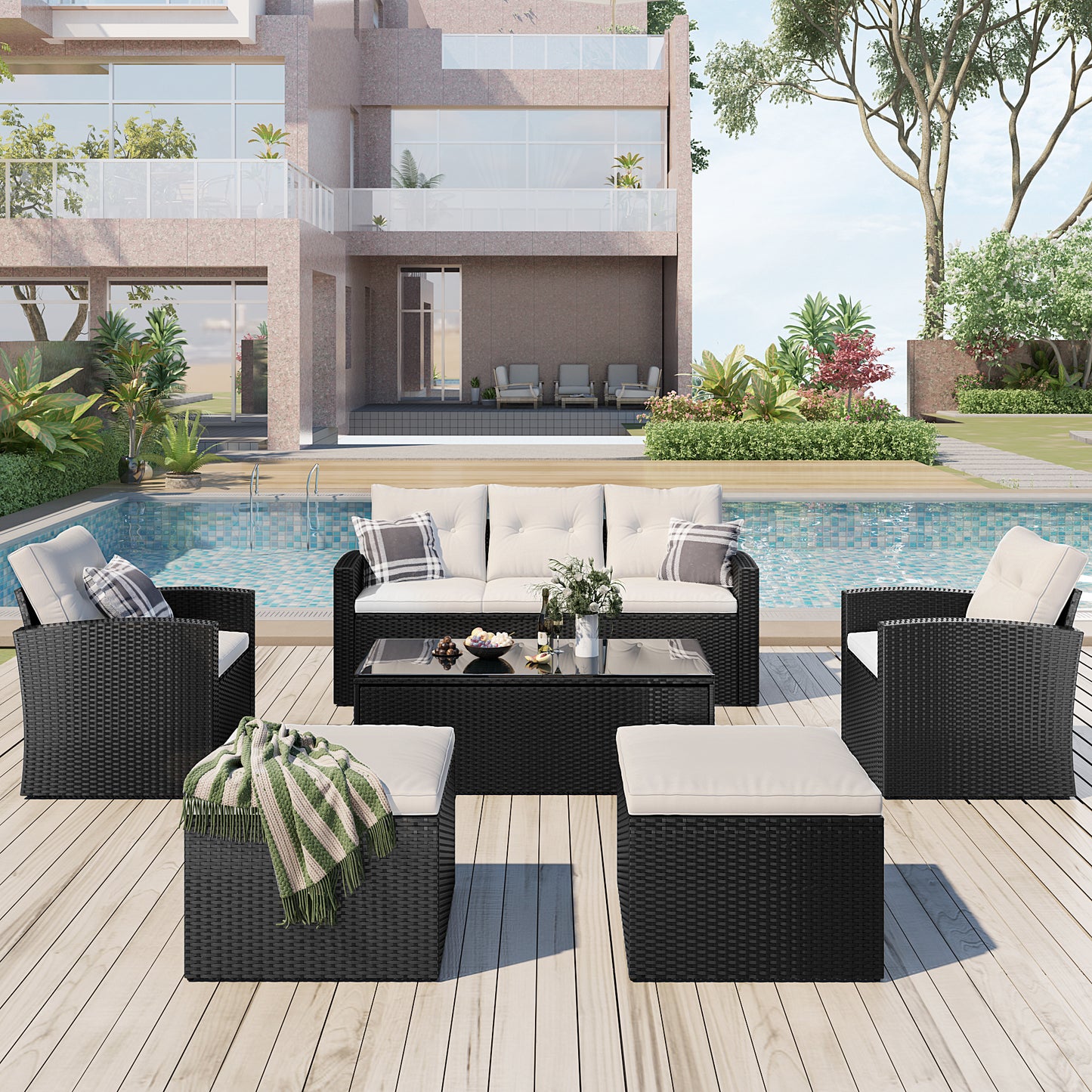 Prado 6 Pc PE Rattan Outdoor Patio Furniture Set - Beige