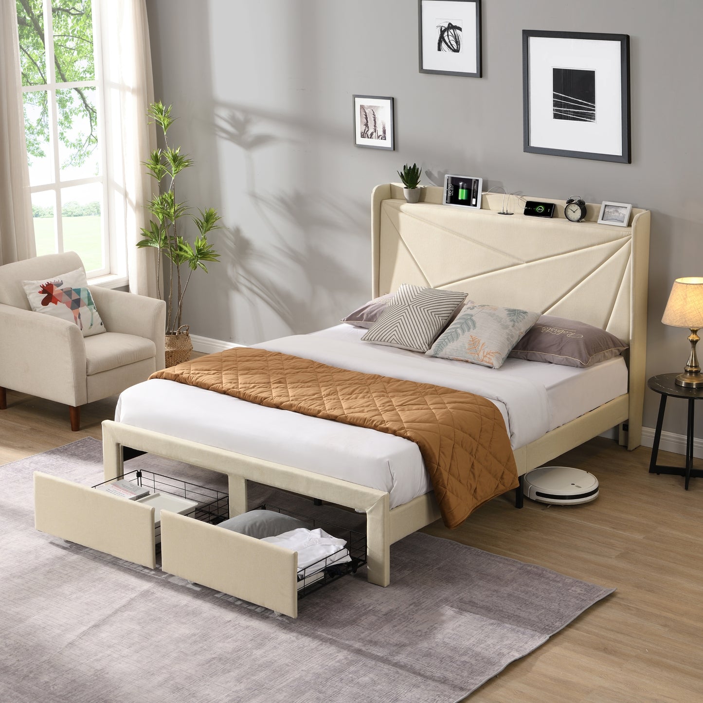 Craven Queen Size Bed Frame with 2 Storage Drawers - Beige