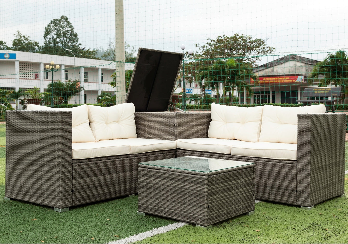 Stanley 4 Pc Outdoor Patio Rattan Sectional Sofa Set - Creme