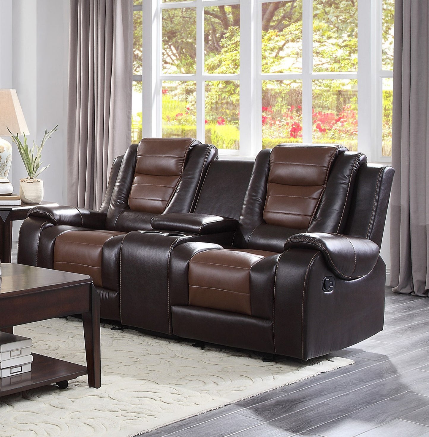 Lozano Loveseat Dual Glider Reclining with Center Console - Dark Brown+Light Brown