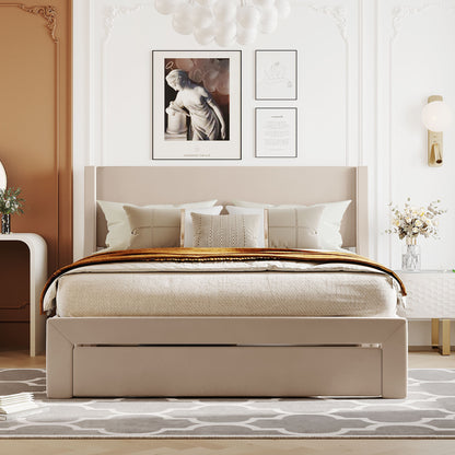 Renni Queen Size Velvet Platform Bed Frame with Drawer - Beige