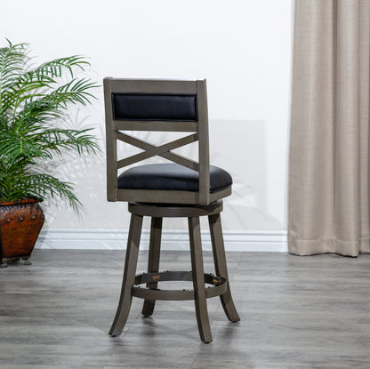 Counter Height X-Back Swivel Stool, Weathered Gray Finish, Black Leather Seat