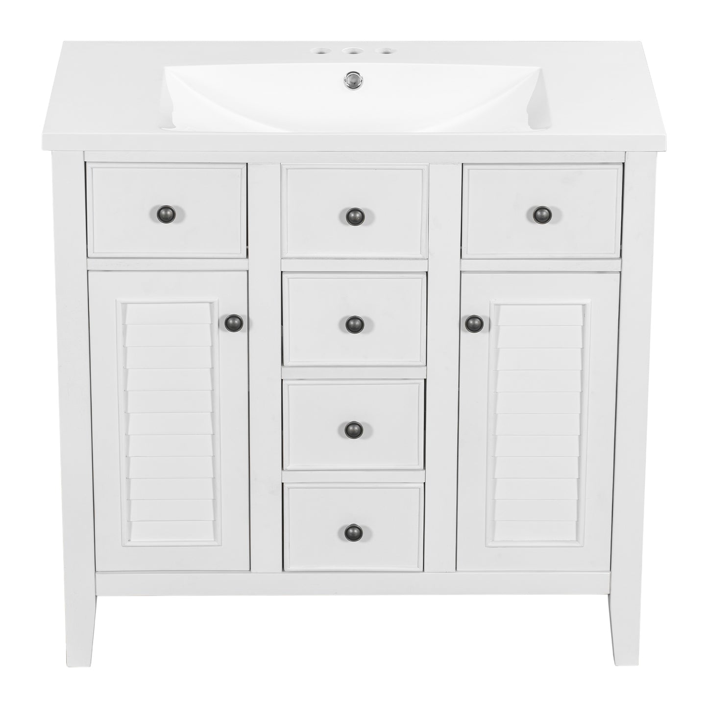 Bathroom Vanity with Ceramic Basin, Two Cabinets and Five Drawers - White