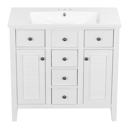 Bathroom Vanity with Ceramic Basin, Two Cabinets and Five Drawers - White