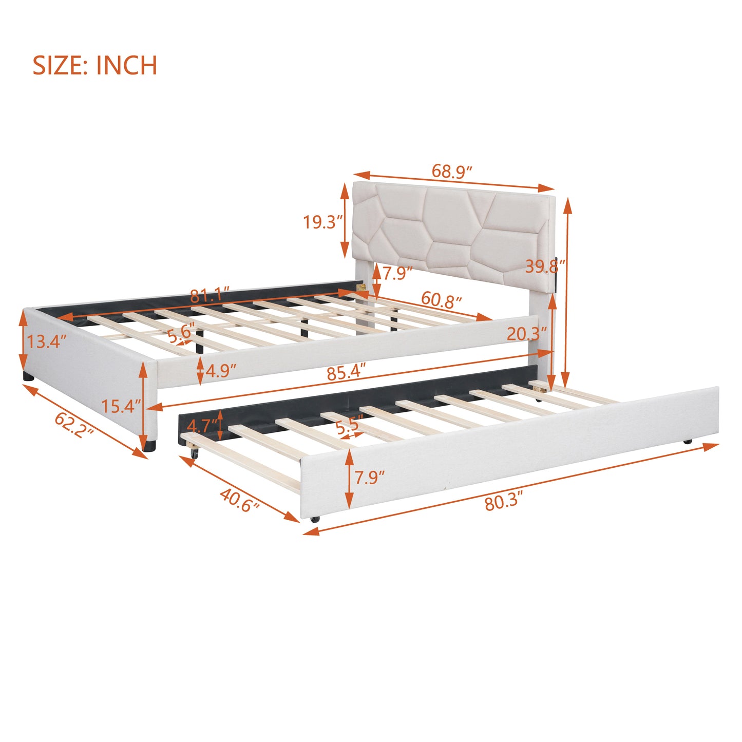 Brick Queen Size Upholstered Platform Bed with Twin Size Trundle - Beige