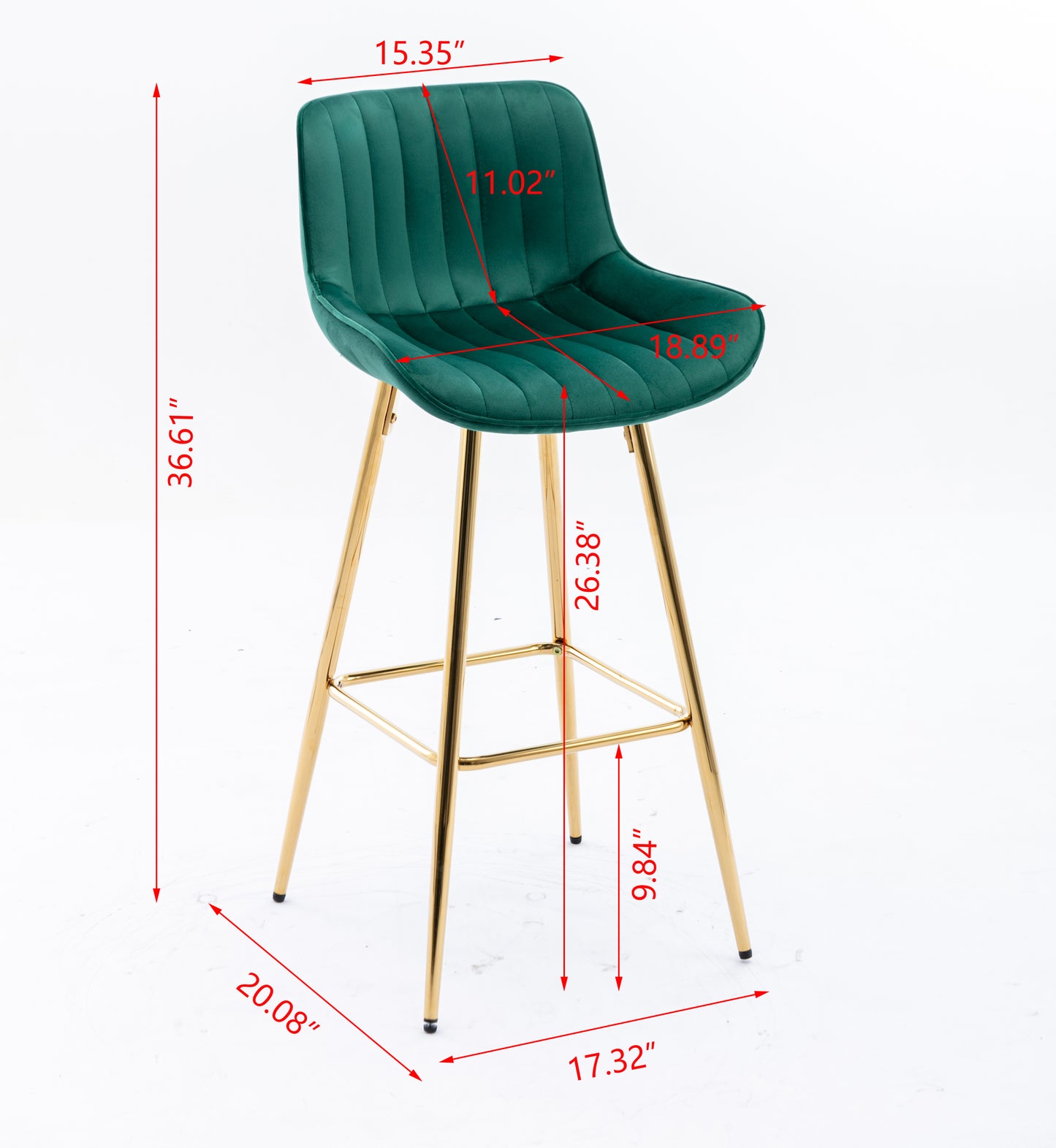 26 Inch Vista Bar Stools with Chrome Footrest  Velvet Fabric  Golden Leg - Green  Set of 2