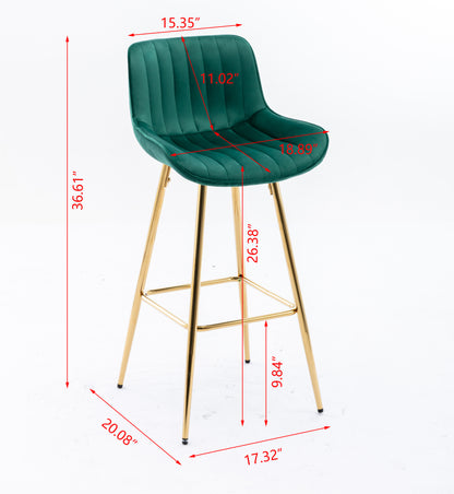 26 Inch Vista Bar Stools with Chrome Footrest  Velvet Fabric  Golden Leg - Green  Set of 2