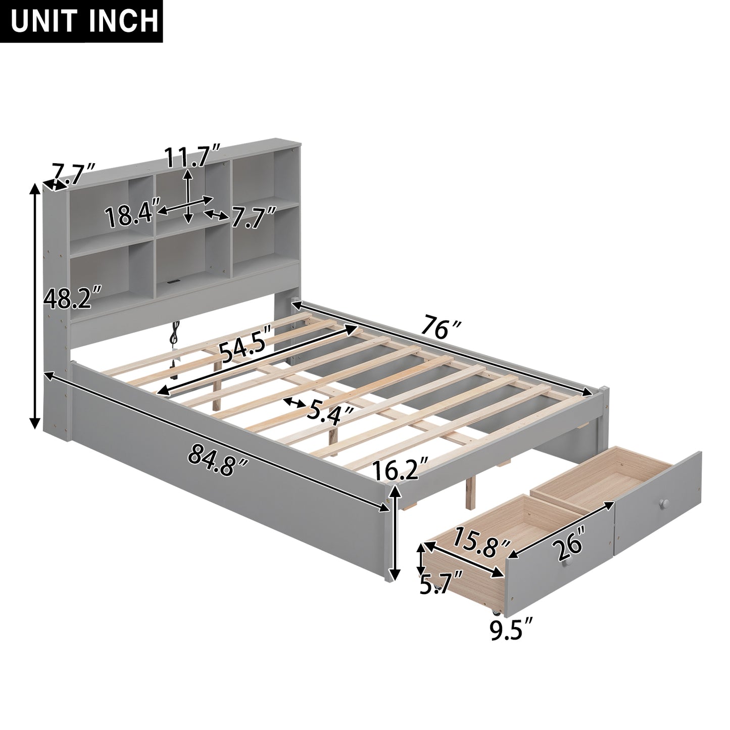 Jazz Full Size Platform Bed w 2 Drawers - Gray