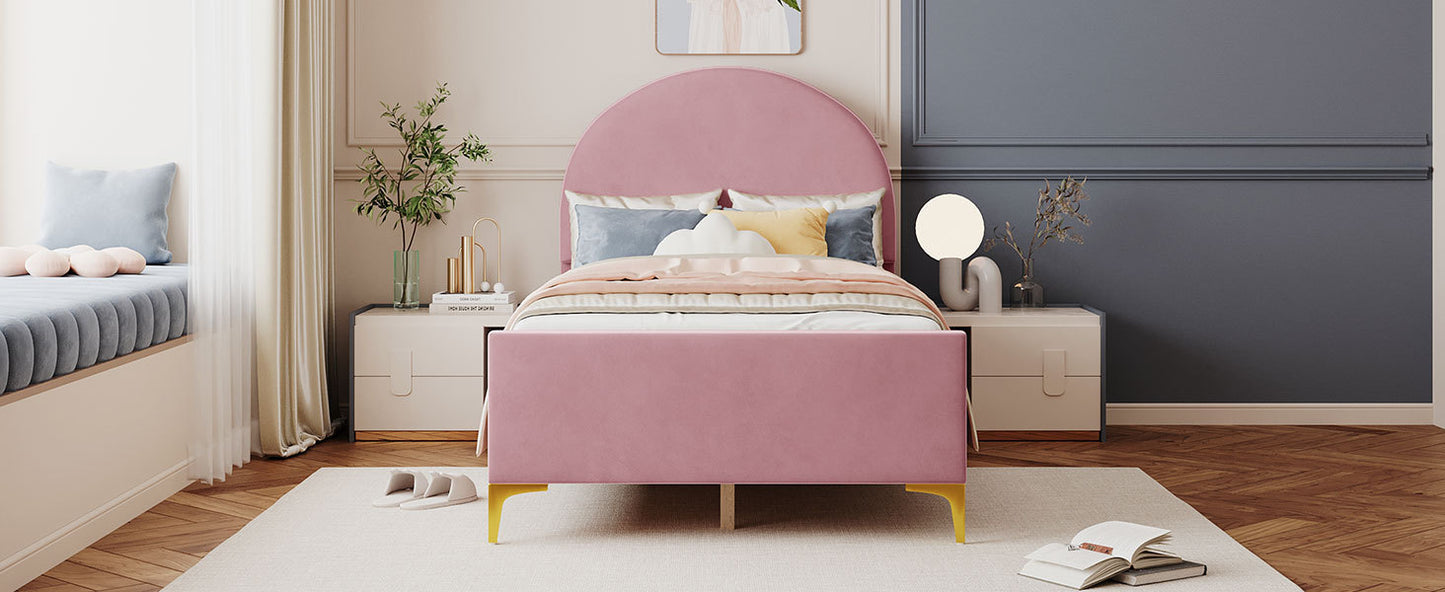 Lynn Twin Size Velvet Platform Bed w Mental Legs - Pink