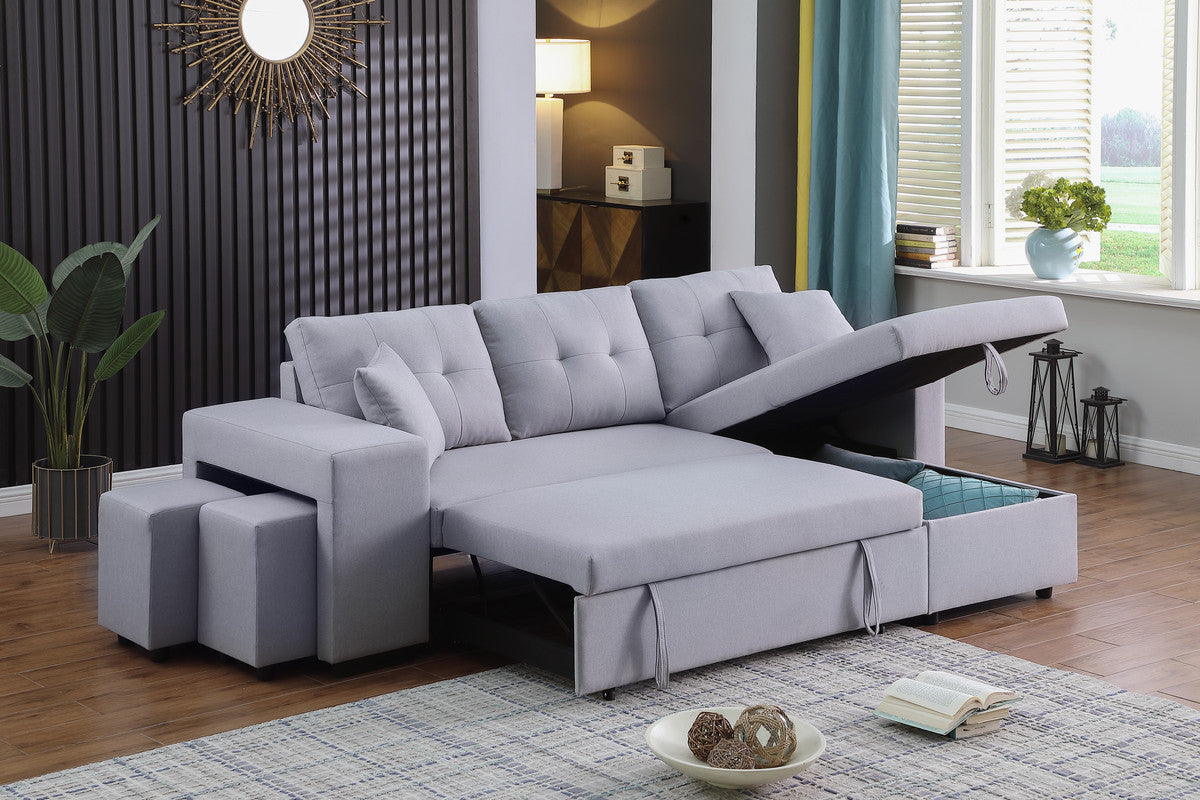 Dennis Fabric Reversible Sleeper Sectional with Storage Chaise and 2 Stools - Light Gray