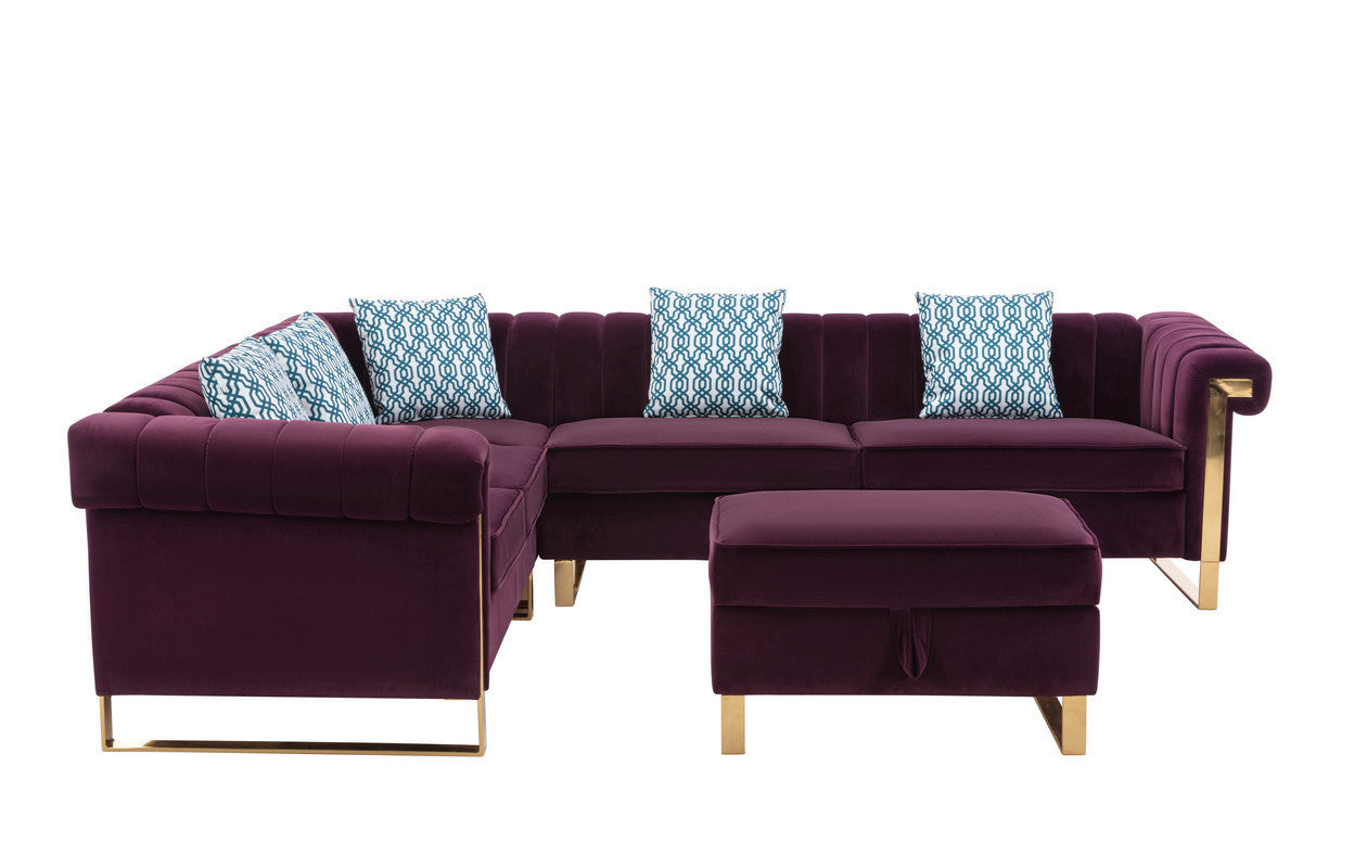 Maddie Velvet 6-Seater Sectional Sofa with Storage Ottoman - Purple