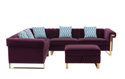 Maddie Velvet 6-Seater Sectional Sofa with Storage Ottoman - Purple