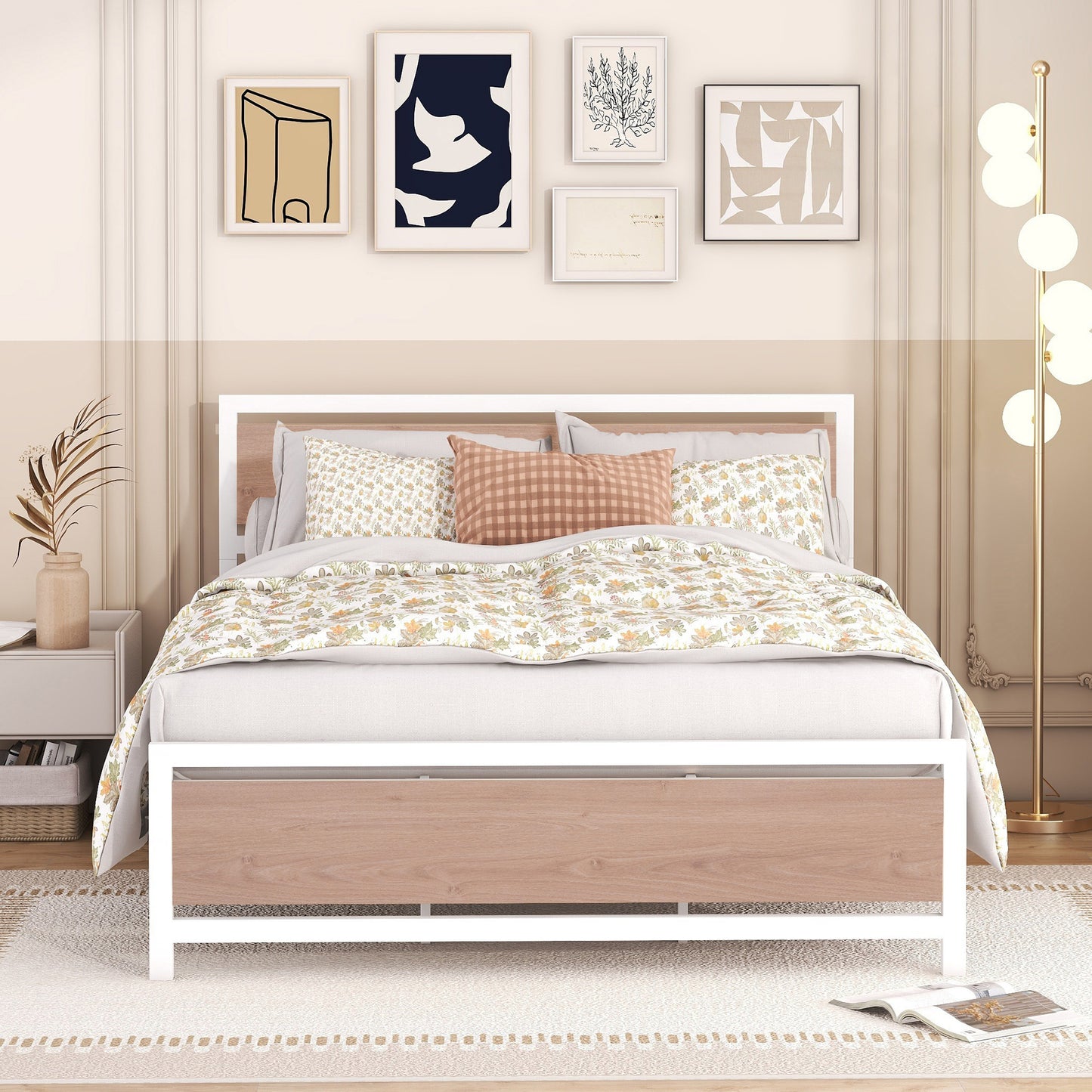 Quasar Queen Size Metal and Wood Platform Bed - White