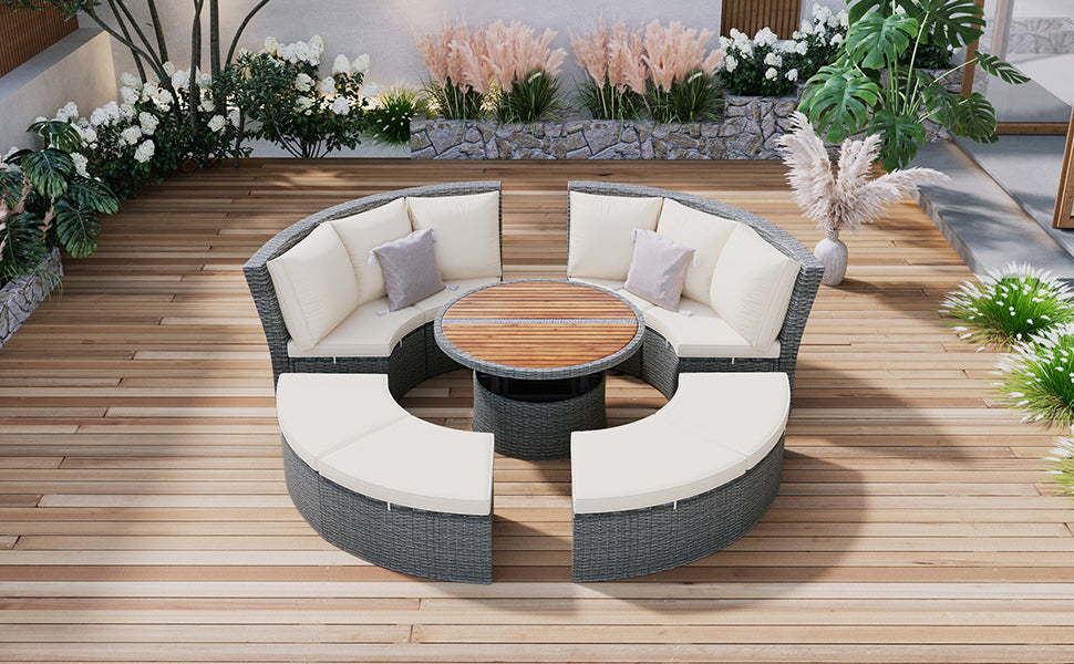 Marvelo 5 Pc Round Rattan Sectional Sofa Set - Beige