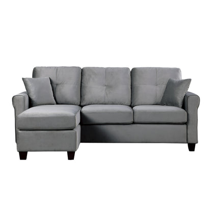 Yuki Reversible  Sectional Velvet Sofa w 2 Pillows - Gray