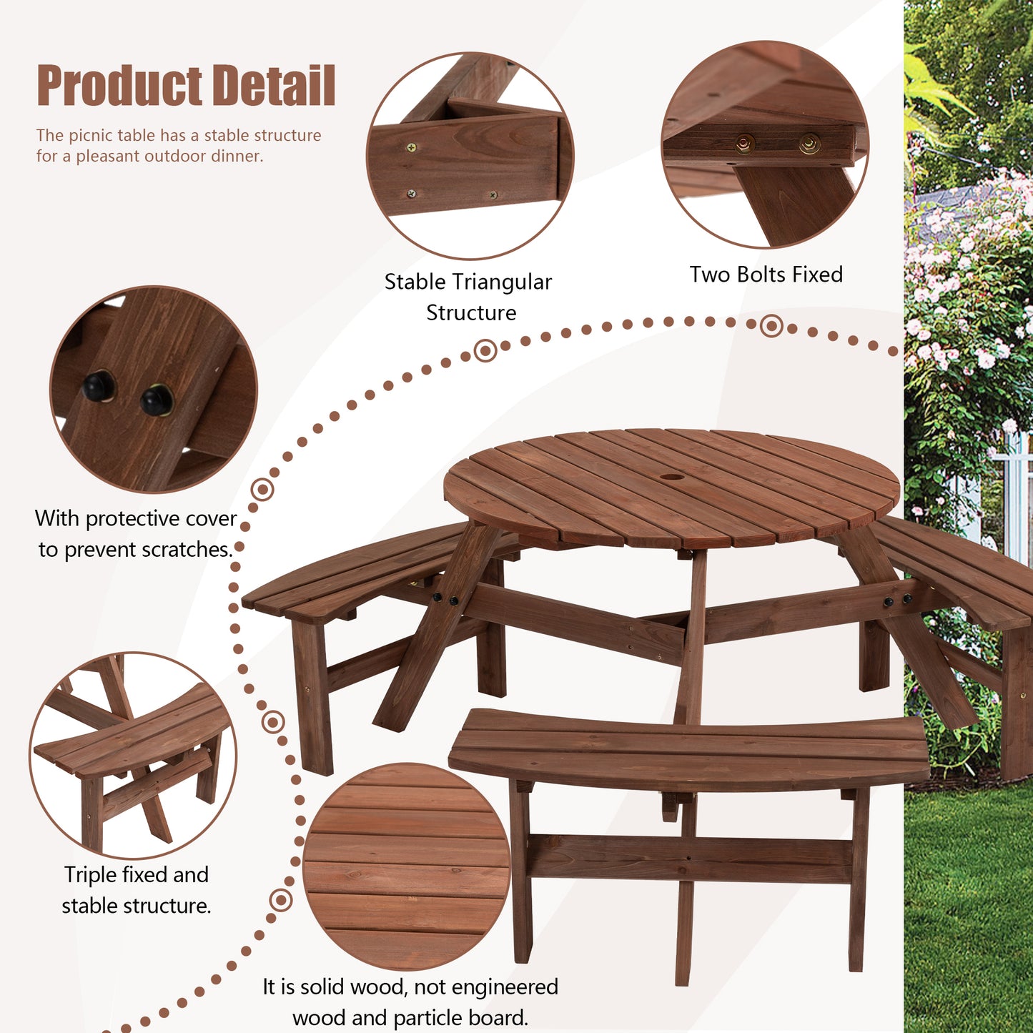 Nix 6-Person Circular Outdoor Wooden Picnic Table - Brown