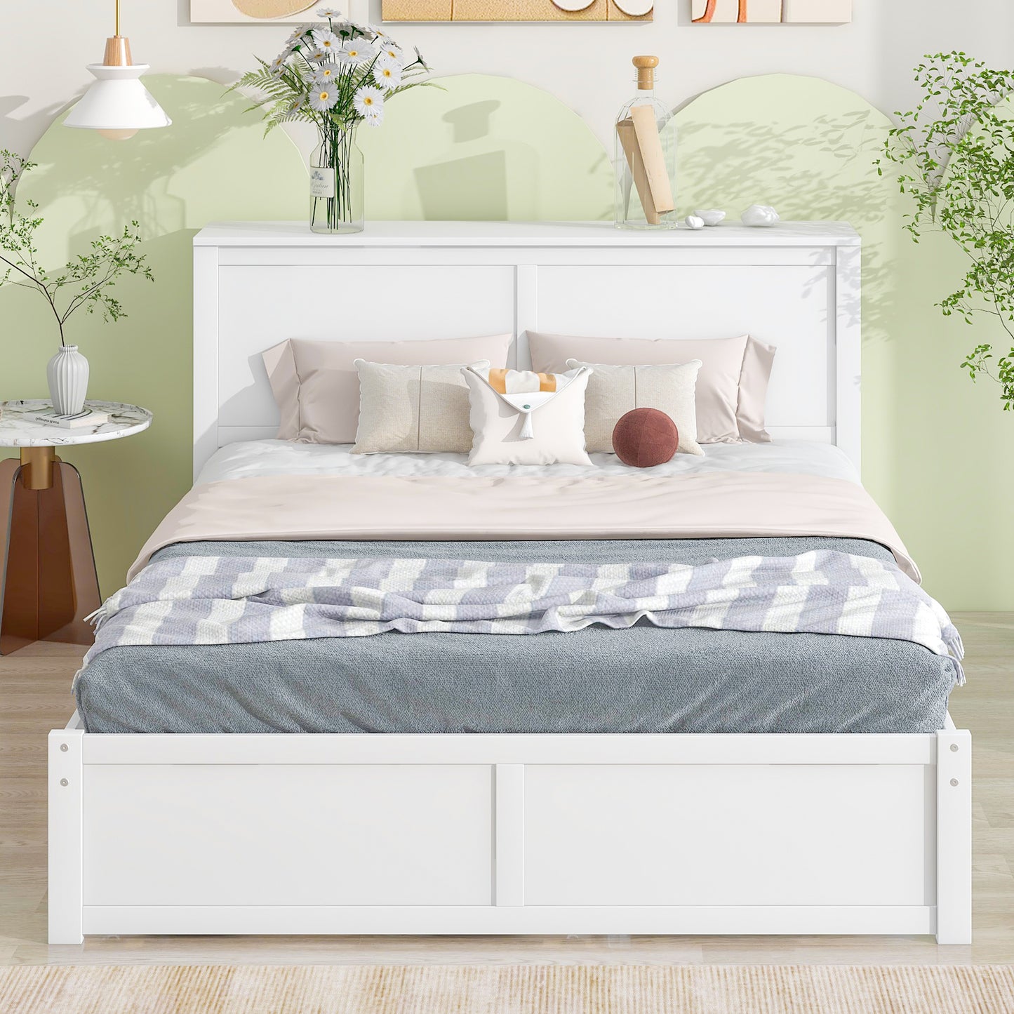 JR Queen Size Platform Bed w Pull Out Twin XL Size Trundle - White