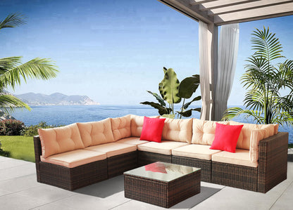 Charlton 7 Pc Outdoor Patio Rattan Sectional Sofa Set - Coffee