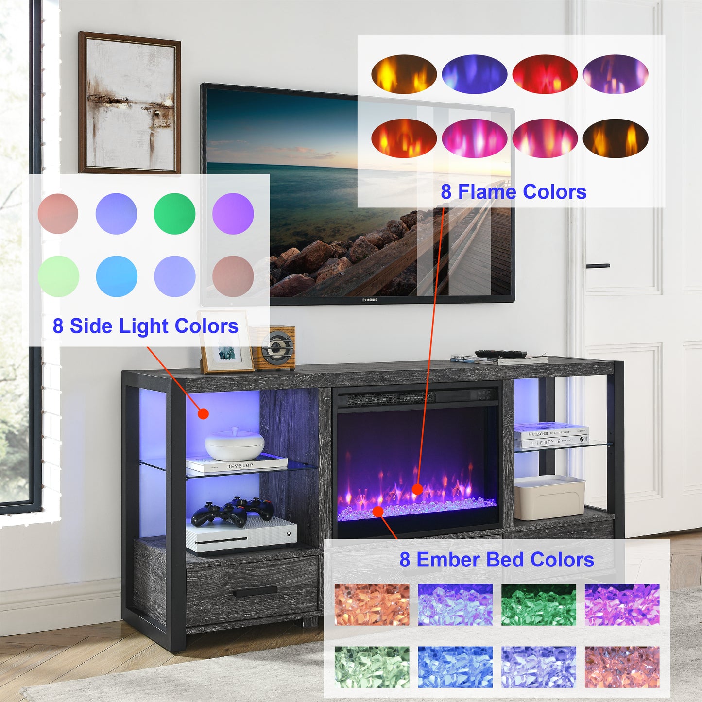 Electric Fireplace MediaTV Stand with Colorful LED Lights - Oak