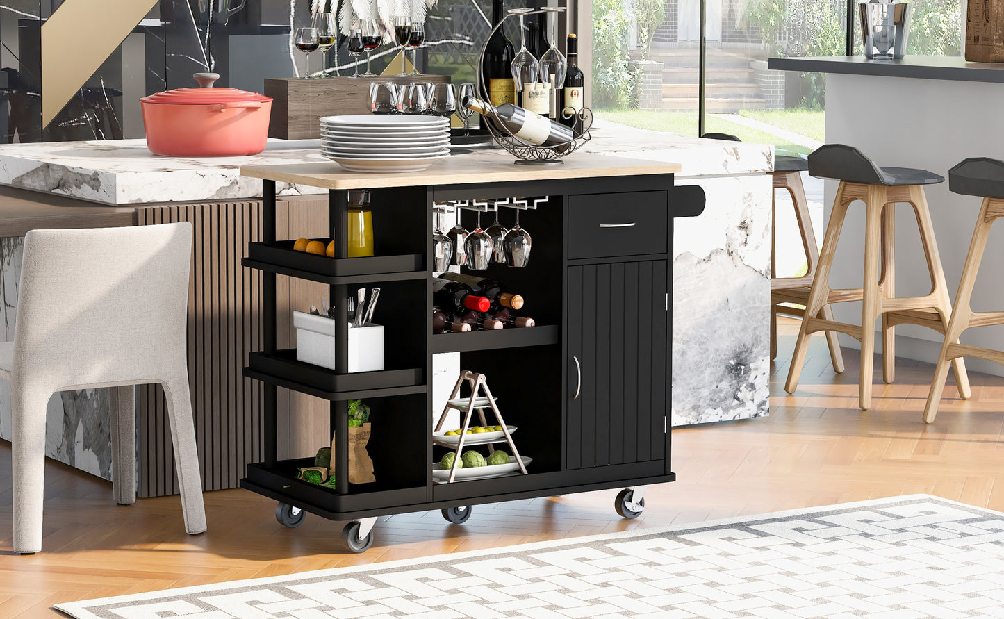 Elara Multipurpose Kitchen Cart Cabinet with Side Storage - Black