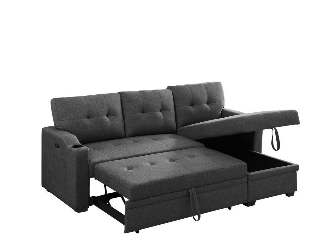 Mabel Linen Fabric Sleeper Sectional with cupholder, USB charging port and pocket - Dark Gray